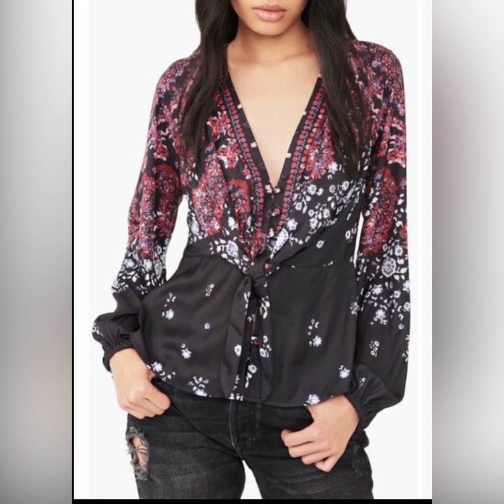 Free People Black and Red Floral Top
